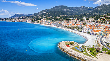 Aerial of the seaside town of Menton, Alpes Maritimes, Provence-Alpes-Cote d'Azur, French Riviera, France, Europe