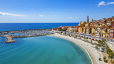 Aerial of the seaside town of Menton, Alpes Maritimes, Provence-Alpes-Cote d'Azur, French Riviera, France, Europe