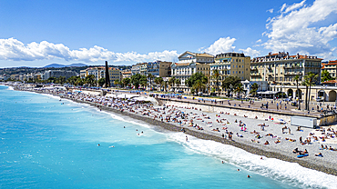 Aerial of the beachfront and the historic city, Nice, UNESCO World Heritage Site, Alpes Maritimes, French Riviera, France, Europe