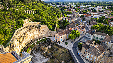 Aerial of the Roman Amphitheatre, UNESCO World Heritage Site, Orange, Vaucluse, Provence-Alpes-Cote d'Azur, France, Europe