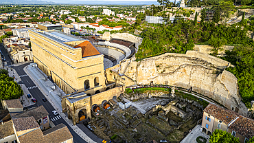 Aerial of the Roman Amphitheatre, UNESCO World Heritage Site, Orange, Vaucluse, Provence-Alpes-Cote d'Azur, France, Europe