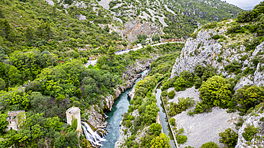 Aerial of an old watchtower in the Herault gorge, UNESCO World Heritage Site, Causses and Cevennes, Herault, Occitanie, France, Europe