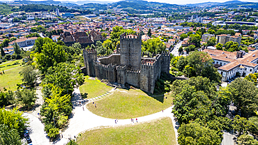 Aerial of the Guimaraes Castle, UNESCO World Heritage Site, Guimaraes, Norte, Portugal, Europe