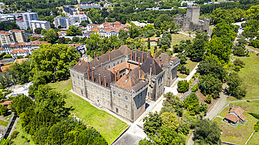 Aerial of Palace Duques de Braganca, UNESCO World Heritage Site, Guimaraes, Norte, Portugal, Europe