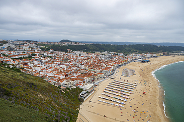 View over the town of Nazare and its wide beach, Oeste, Portugal, Europe