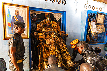 Spiritual leader dressed in leopard skin in the Church of Black People in Mbandaka, Equateur province, Democratic Republic of Congo, Africa