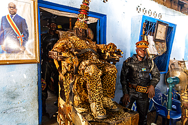 Spiritual leader dressed in leopard skin in the Church of Black People in Mbandaka, Equateur province, Democratic Republic of Congo, Africa