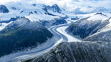 Aerial of the curvy Pia glacier, Tierra del Fuego, Chile, South America