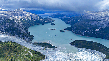 Aerial of Pia glacier and its fjord, Tierra del Fuego, Chile, South America