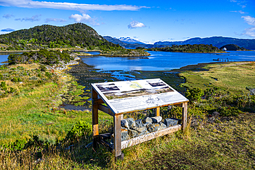 Marker in Wulaia Bay, Tierra del Fuego, Chile, South America