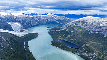 Aerial of Pia glacier and its fjord, Tierra del Fuego, Chile, South America