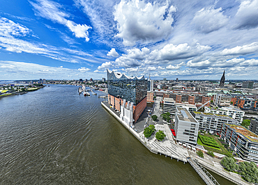 Aerial of the Elbphilamonie, the Hamburg opera house building overlooking the city of Hamburg, Germany, Europe