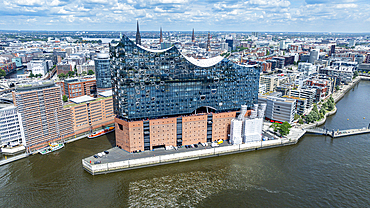 Aerial of the Elbphilamonie, the Hamburg opera house building overlooking the city of Hamburg, Germany, Europe