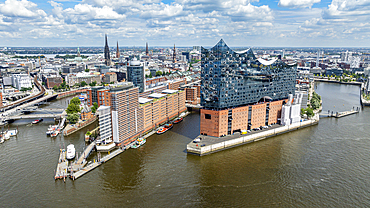 Aerial of the Elbphilamonie the Hamburg opera overlooking the city of Hamburg, Germany, Europe