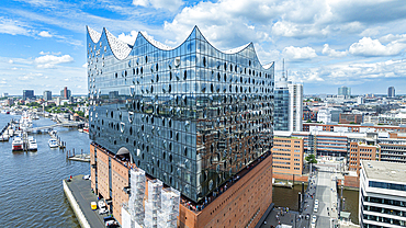 Aerial of the Elbphilamonie the Hamburg opera house building overlooking the city of Hamburg, Germany, Europe