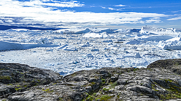 Aerial of the Ilulissat Icefjord, UNESCO World Heritage Site, Western Greenland, Denmark, Polar Regions