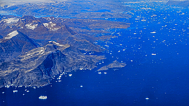 Aerial of the mountainous coastline around Kulusuk, Greenland, Polar Regions