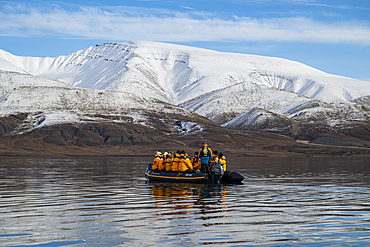 Expedition zodiacs, Axel Heiberg island, Nunavut, Canadian Arctic, Canada, North America