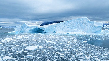 Aerial of an ice arch in the Nuuk Icefjord, Western Greenland, Denmark, Polar Regions