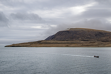 Zodiac in the Arctic desert in Dunes harbour, Devon island, Nunavut, Canadian Arctic, Canada, North America