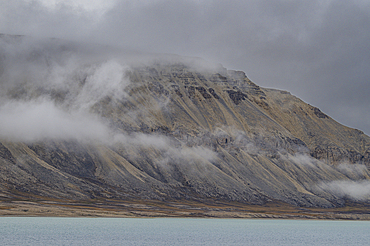 Low lying fog in Dunes harbour, Devon island, Nunavut, Canadian Arctic, Canada, North America