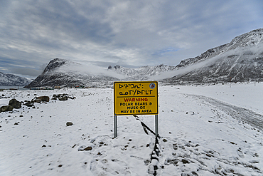 Polar bear warning sign, Grise Fjord, most northern community in America, Nunavut, Canadian Arctic, Canada, North America