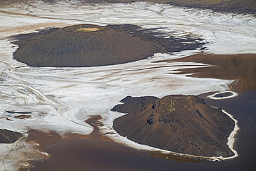 Aerial of the Trou du Natron volcanic crater and its natron lakes, Tibesti Mountains, Chad, Africa