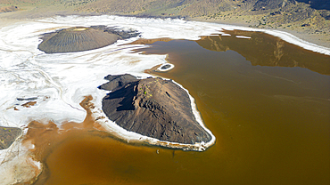 Aerial of the Trou du Natron volcanic crater and its natron lakes, Tibesti Mountains, Chad, Africa