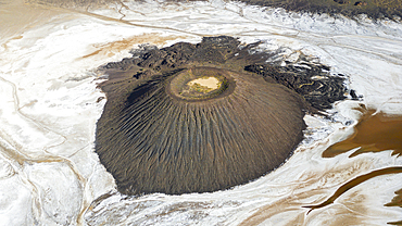 Aerial of the Trou du Natron volcanic crater and its natron lakes, Tibesti Mountains, Chad, Africa