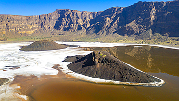 Aerial of the Trou du Natron volcanic crater and its natron lakes, Tibesti Mountains, Chad, Africa