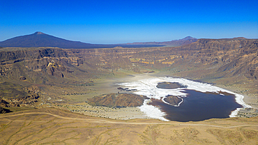 Aerial of the Trou du Natron volcanic crater and its natron lakes, Tibesti Mountains, Chad, Africa