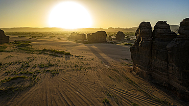 Aerial of beautiful rock formations at sunset around Zouar, Tibesti Mountains, Chad, Africa