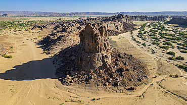 Aerial of the rocky mountains around Zouar, Tibesti Mountains, Chad, Africa