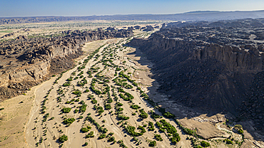 Aerial of the rocky mountains around Zouar, Tibesti Mountains, Chad, Africa