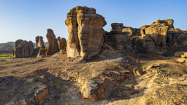 Aerial of beautiful rock formations around Zouar, Tibesti Mountains, Chad, Africa