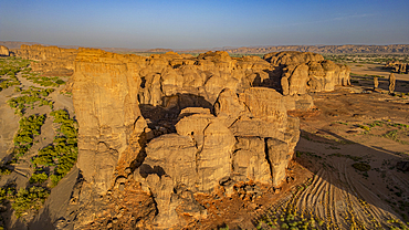 Aerial of beautiful rock formations around Zouar, Tibesti Mountains, Chad, Africa