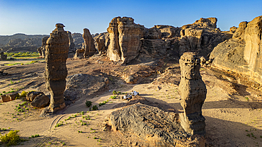 Aerial of beautiful rock formations around Zouar, Tibesti Mountains, Chad, Africa