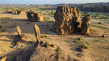 Aerial of beautiful rock formations around Zouar, Tibesti Mountains, Chad, Africa