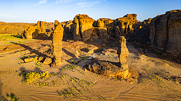 Aerial of beautiful rock formations at sunset around Zouar, Tibesti Mountains, Chad, Africa