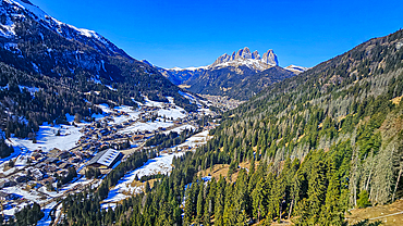 Sassolongo or Langkofelscharte overlooking Canazei, Unesco site Dolomites, Italy