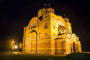 Nightshot of the Orthodox Christian church in Apatin on the Danube, Vojvodina province, Serbia, Europe