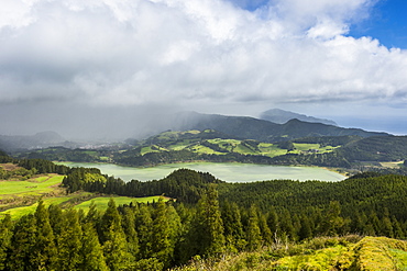 Furnas Lake from the Castelo Branco viewpoint, Island of Sao Miguel, Azores, Portugal, Atlantic, Europe