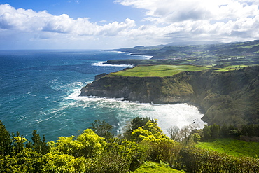 View over the northern coastline from the viewpoint Santa Iria, Island of Sao Miguel, Azores, Portugal, Atlantic, Europe