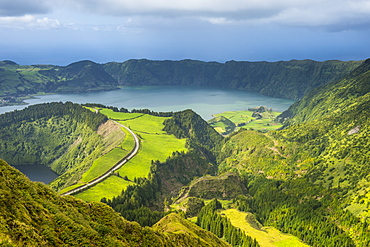 View over the Sete Cidades crater, Island of Sao Miguel, Azores, Portugal, Atlantic, Europe