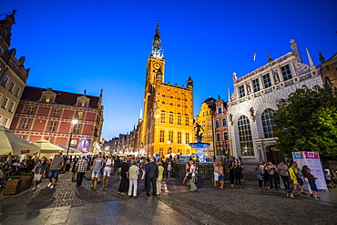 Hanseatic League houses with the town hall after sunset in the pedestrian zone of Gdansk, Poland, Europe