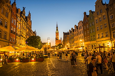 Hanseatic League houses with the town hall after sunset in the pedestrian zone of Gdansk, Poland, Europe