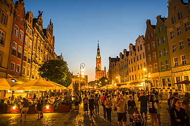 Hanseatic League houses with the town hall after sunset in the pedestrian zone of Gdansk, Poland, Europe