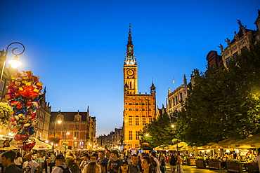 Hanseatic League houses with the town hall after sunset in the pedestrian zone of Gdansk, Poland, Europe