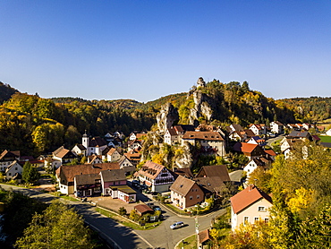 Aerial of the rock church village Tuechersfeld, Franconian Switzerland, Bavaria, Germany, Europe