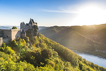 Castle Aggstein overlooking the River Danube in the Wachau at sunset, Austria, Europe